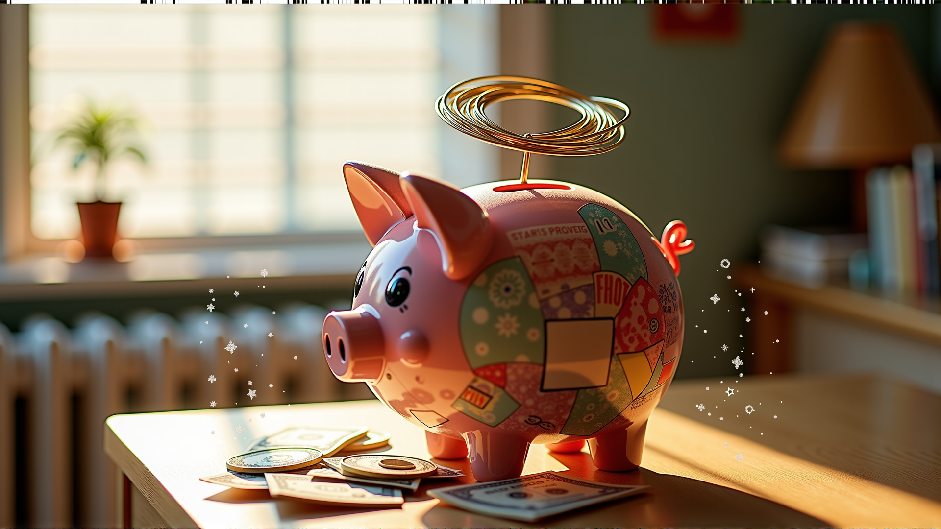 AI generated wallpaper featuring piggy bank, coins, dollars, sunlight, room, plant, lamp, radiator, stars, circuit