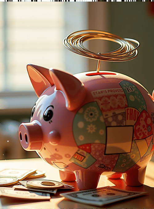piggy bank, coins, dollars, sunlight, room, plant, lamp, radiator, stars, circuit
