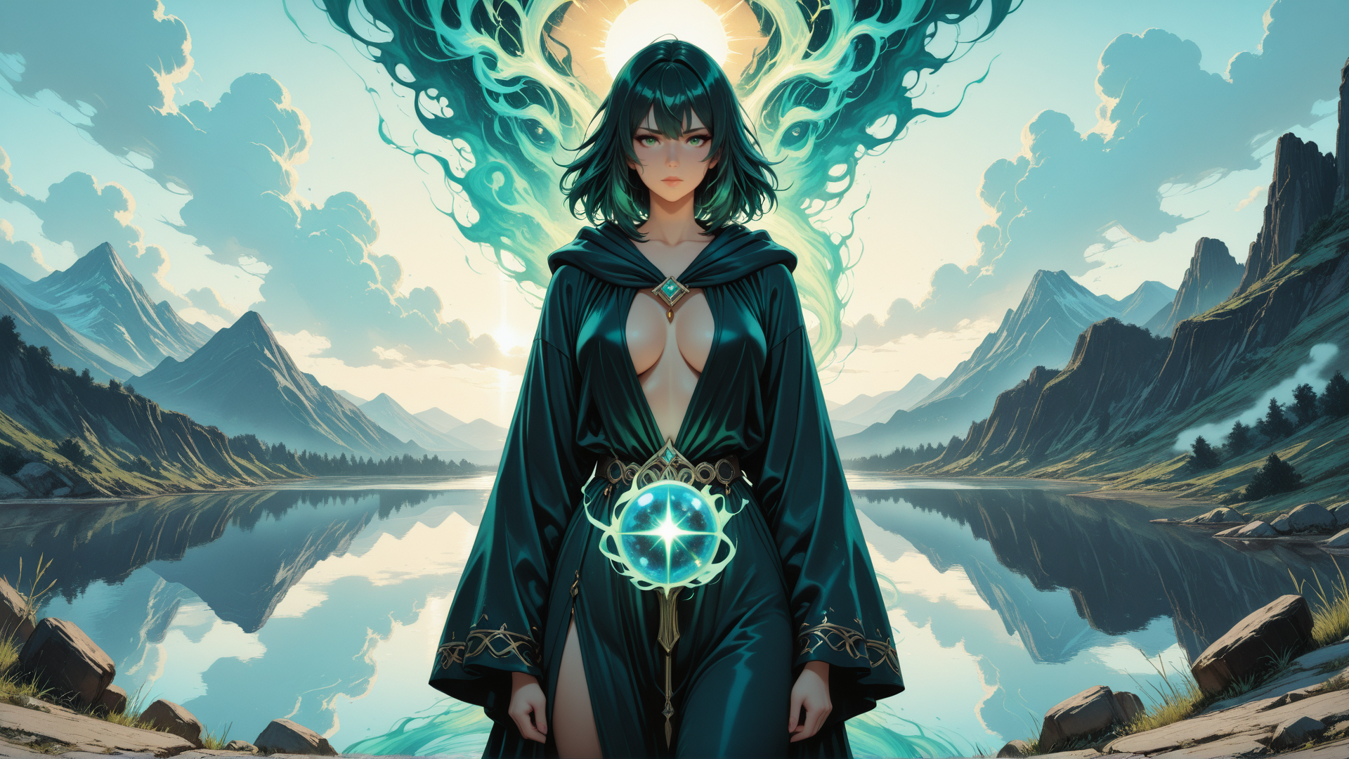 AI generated wallpaper featuring woman, mage, wizard, sorceress, soul, dragon, nature, spirit