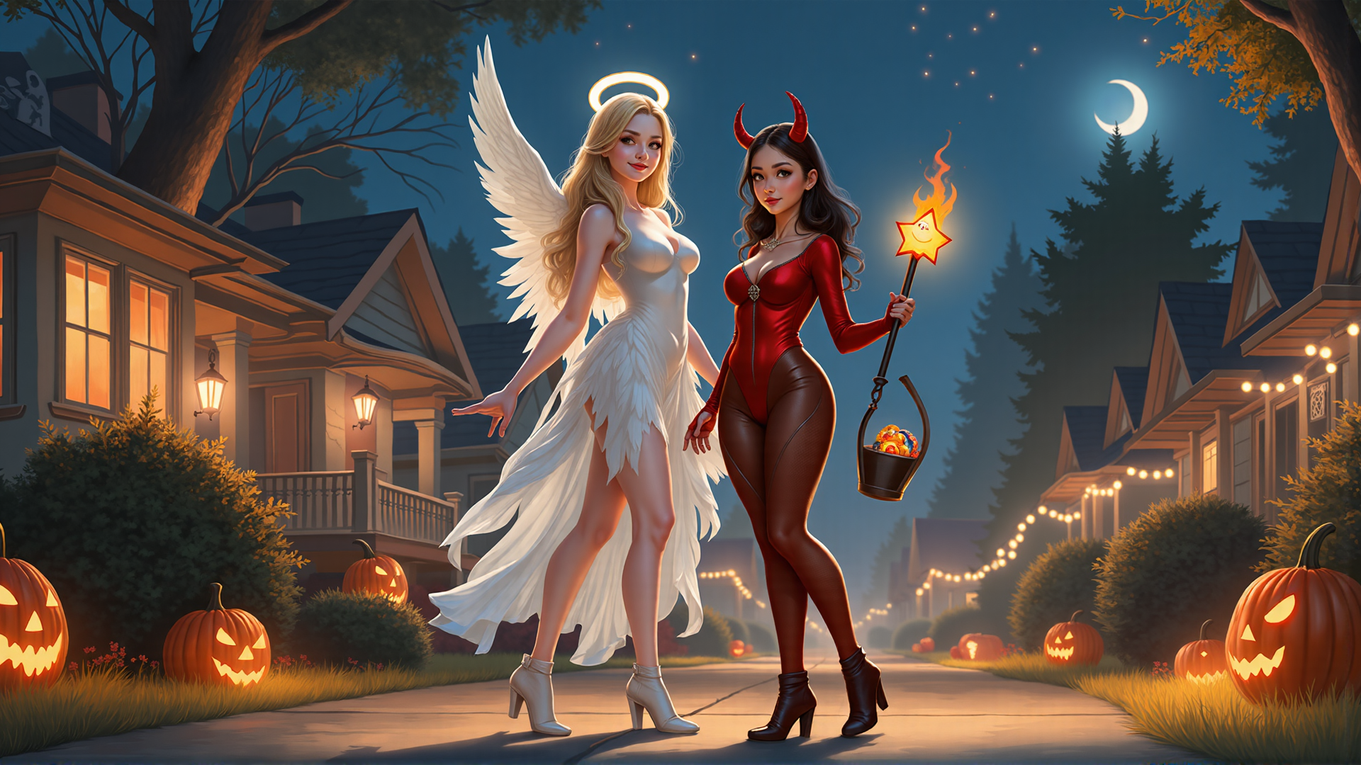 AI generated wallpaper featuring angel, devil, woman, pumpkin, house, moon, star, lantern, street, halloween