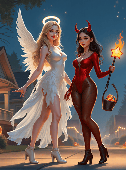 angel, devil, woman, pumpkin, house, moon, star, lantern, street, halloween