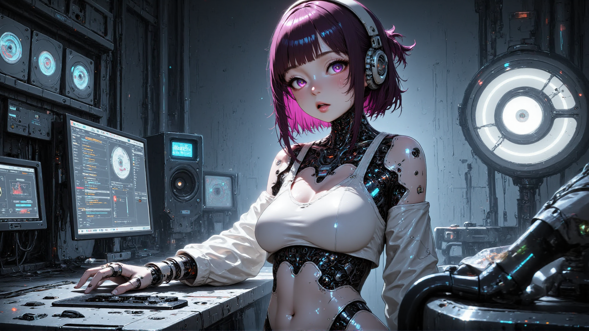 AI generated wallpaper featuring cyborg, woman, robot, headphones, computer, screen, monitor, lab, mechanical, gears