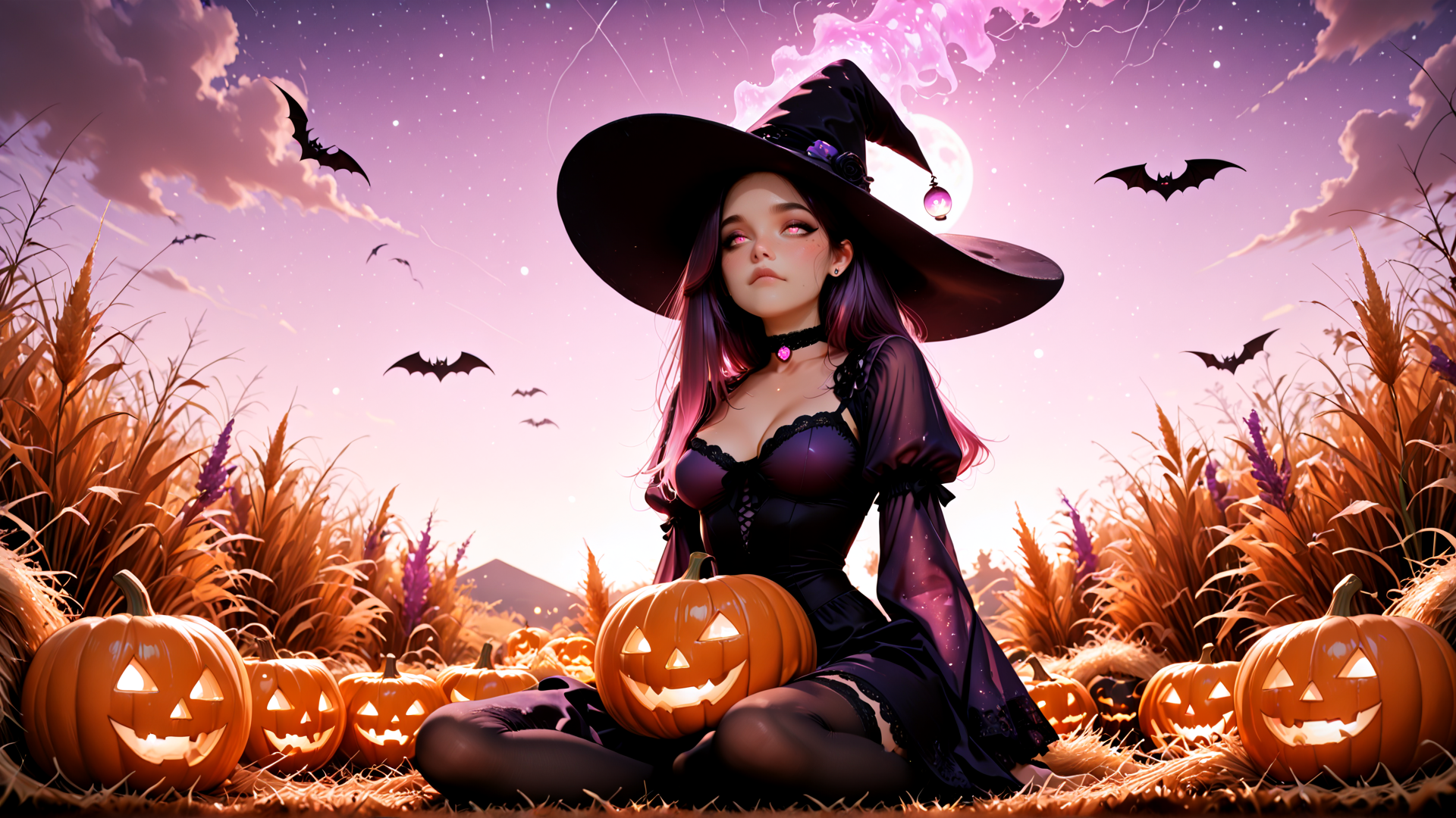 AI generated wallpaper featuring witch, pumpkin, bat, grass, moon, cloud, lamb, cherry, cherry blossom, star