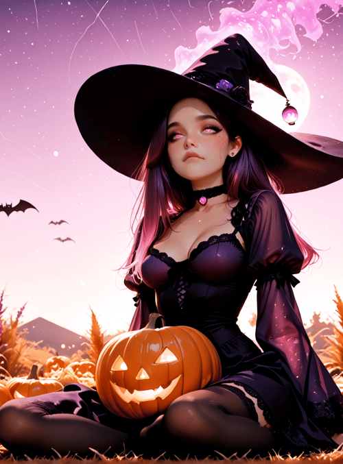 witch, pumpkin, bat, grass, moon, cloud, lamb, cherry, cherry blossom, star