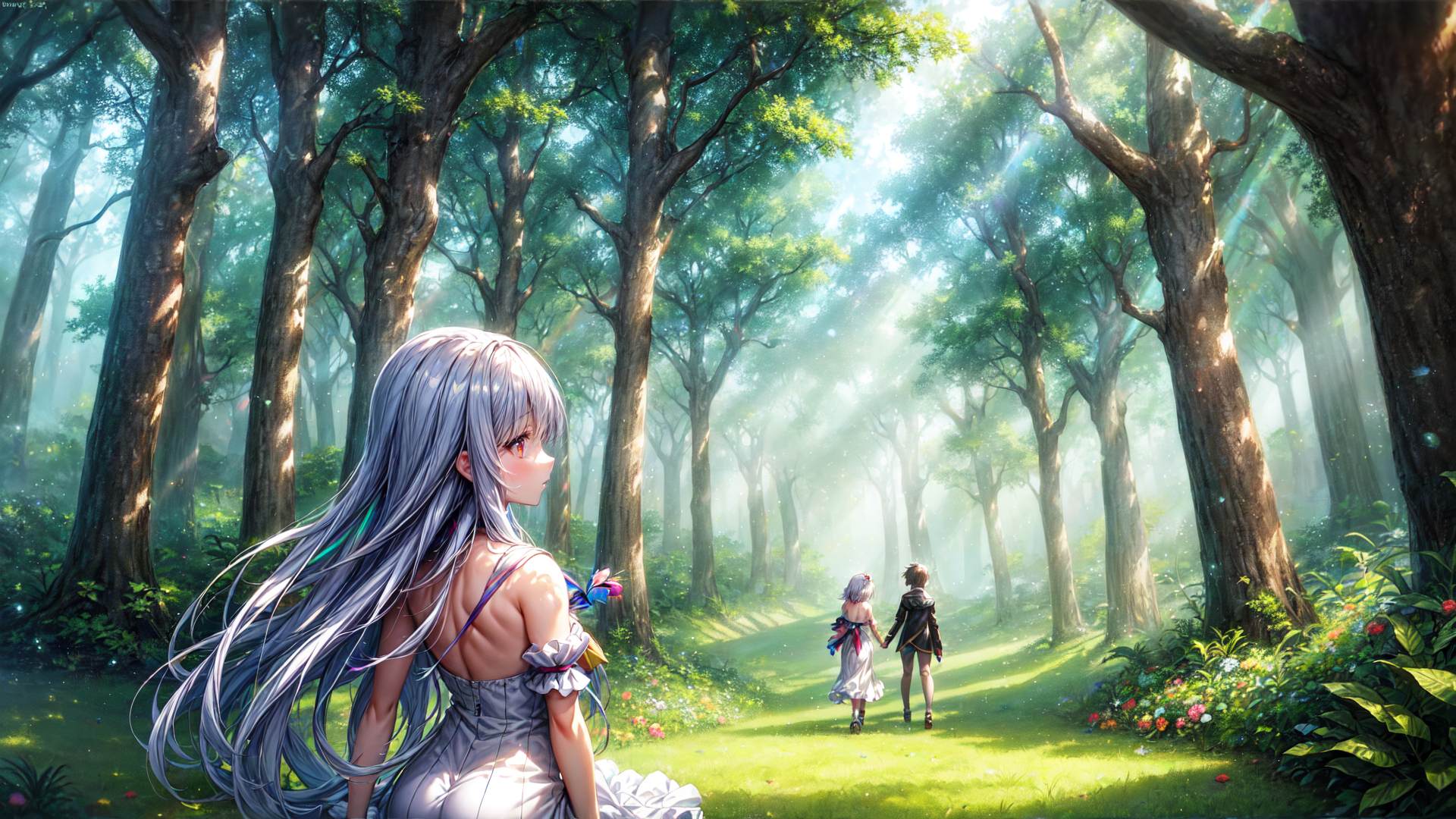 AI generated wallpaper featuring girl, forest, people
