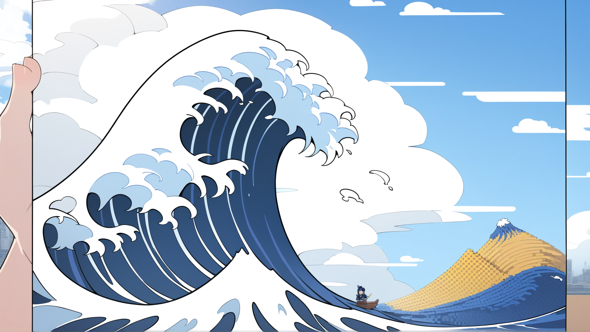 AI generated wallpaper featuring wave, mountain, boat