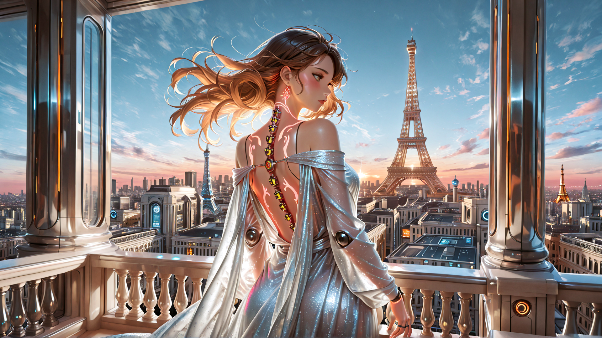 AI generated wallpaper featuring woman, eiffel tower, cityscape, balcony, dress, hair, necklace, sky, sunset, buildings