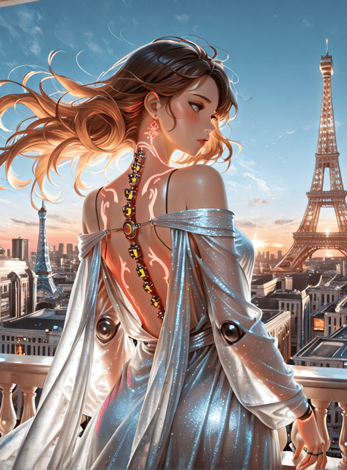 woman, eiffel tower, cityscape, balcony, dress, hair, necklace, sky, sunset, buildings
