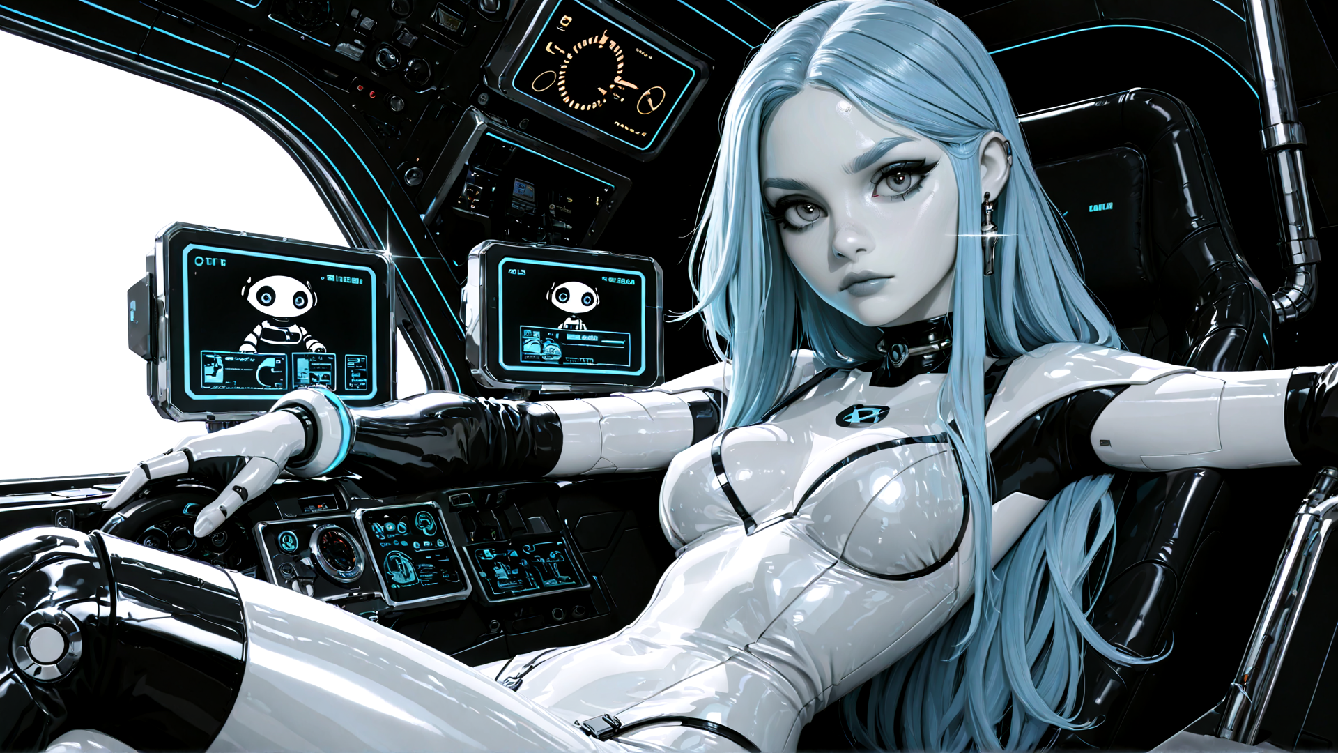 AI generated wallpaper featuring cyborg, pilot, robot, futuristic cockpit, holographic display, robotic arm