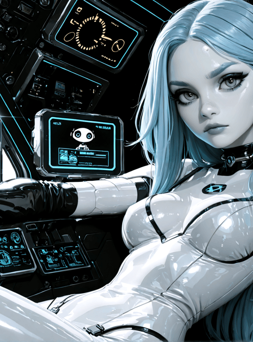 cyborg, pilot, robot, futuristic cockpit, holographic display, robotic arm