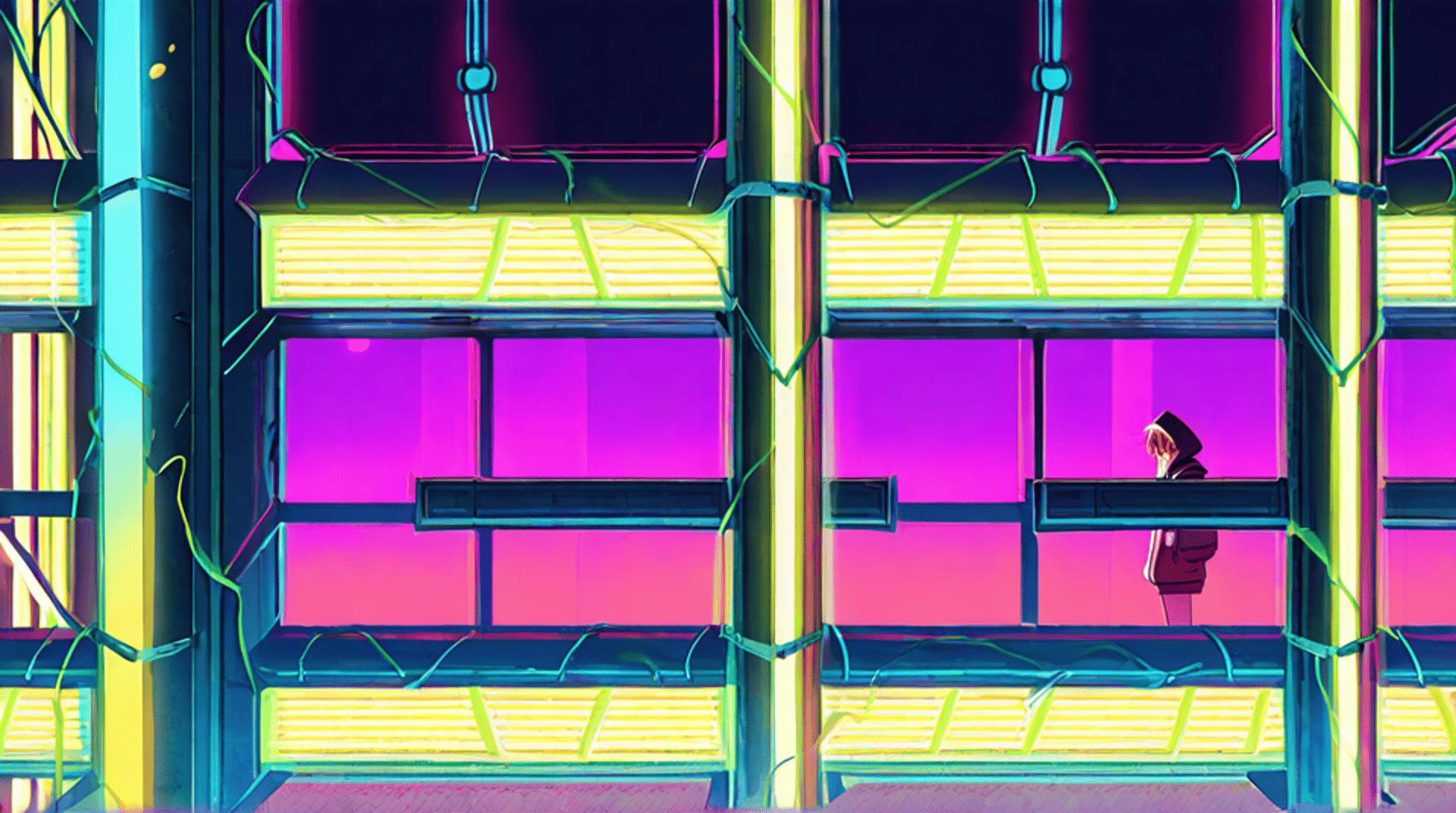 AI generated wallpaper featuring person, building, window