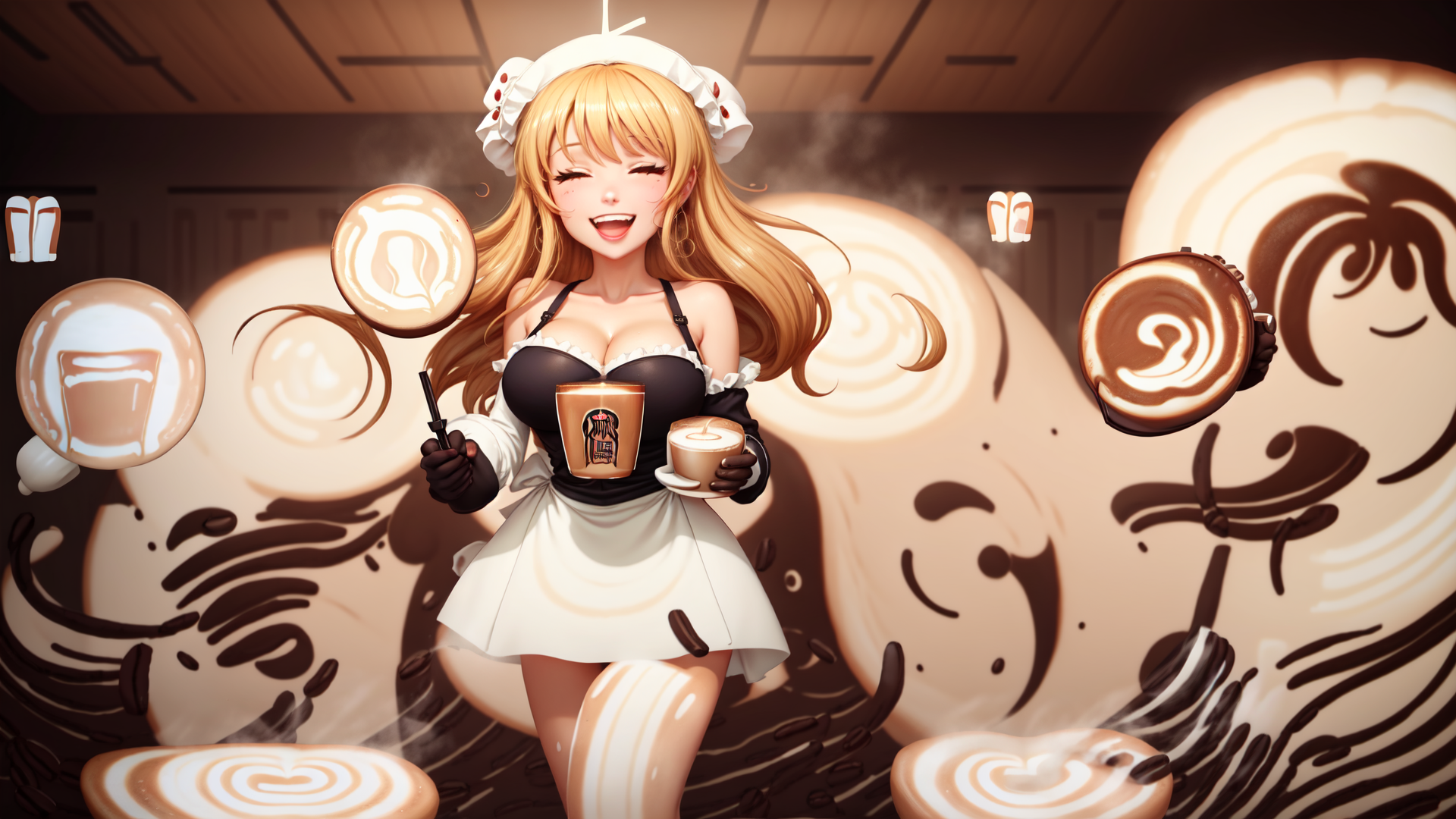 AI generated wallpaper featuring maid, coffee, latte, cup, swirl, cappuccino