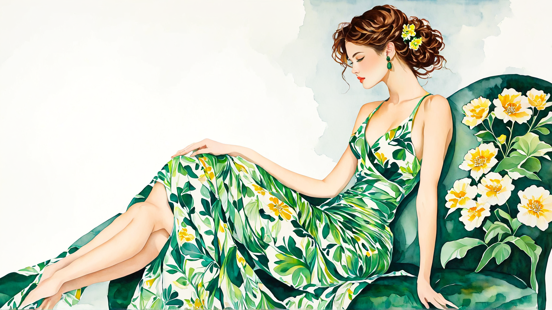 AI generated wallpaper featuring woman, dress, flowers, chair