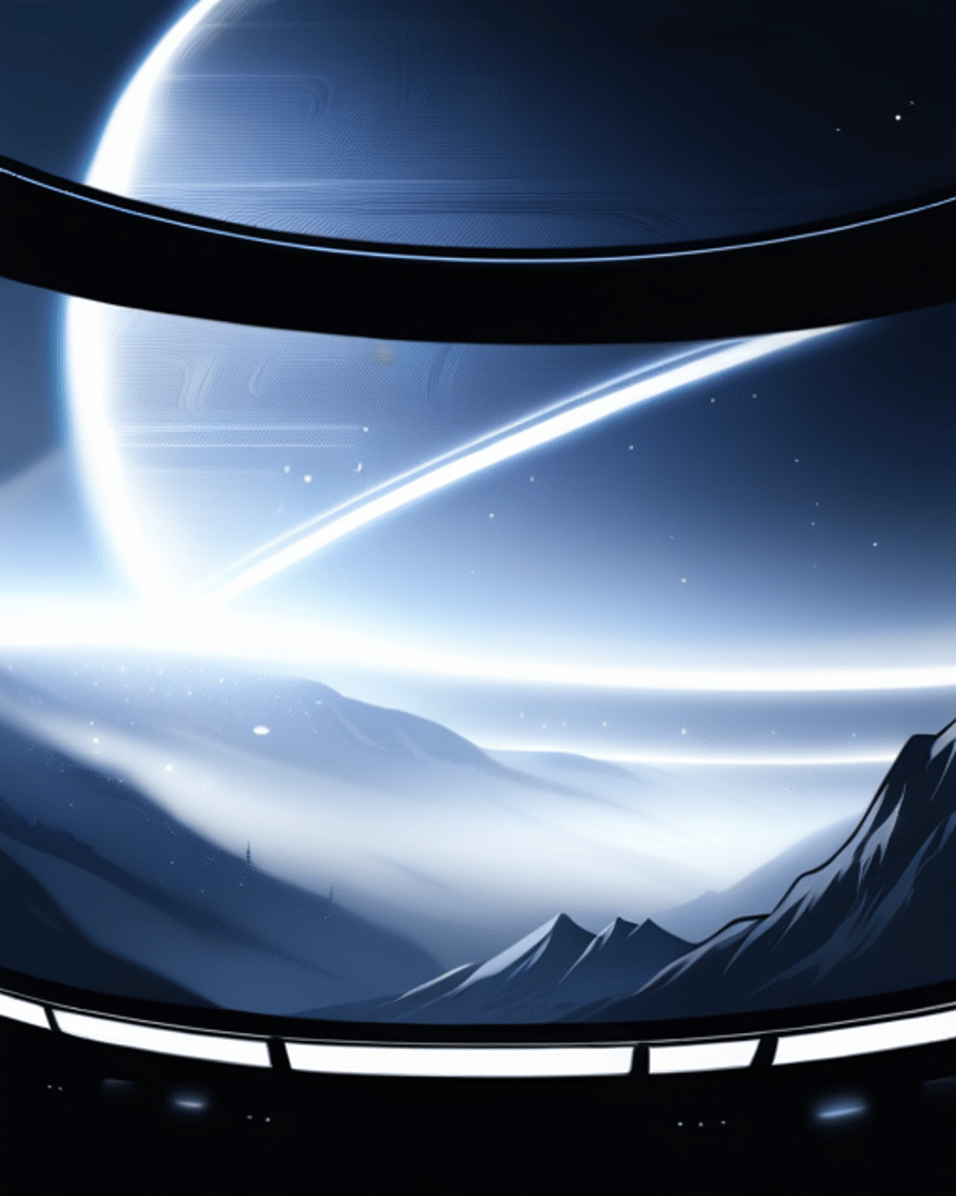 AI generated wallpaper featuring planet, mountains, space station