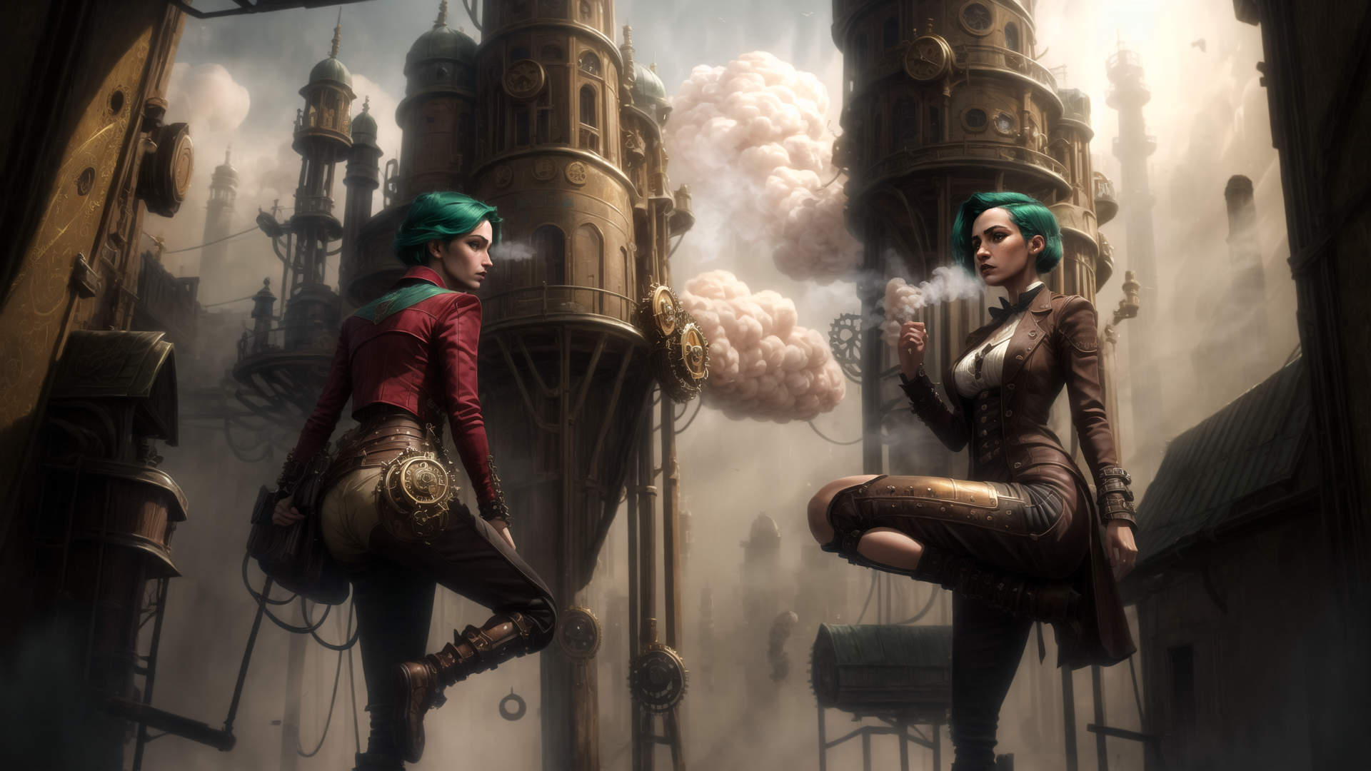 AI generated wallpaper featuring women, steampunk, city