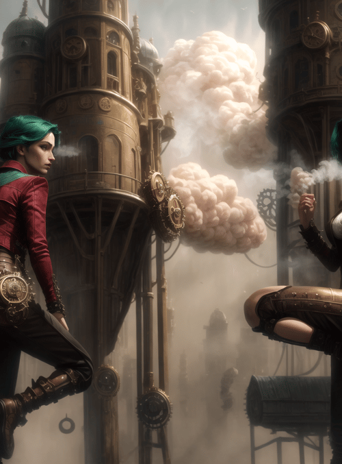 women, steampunk, city