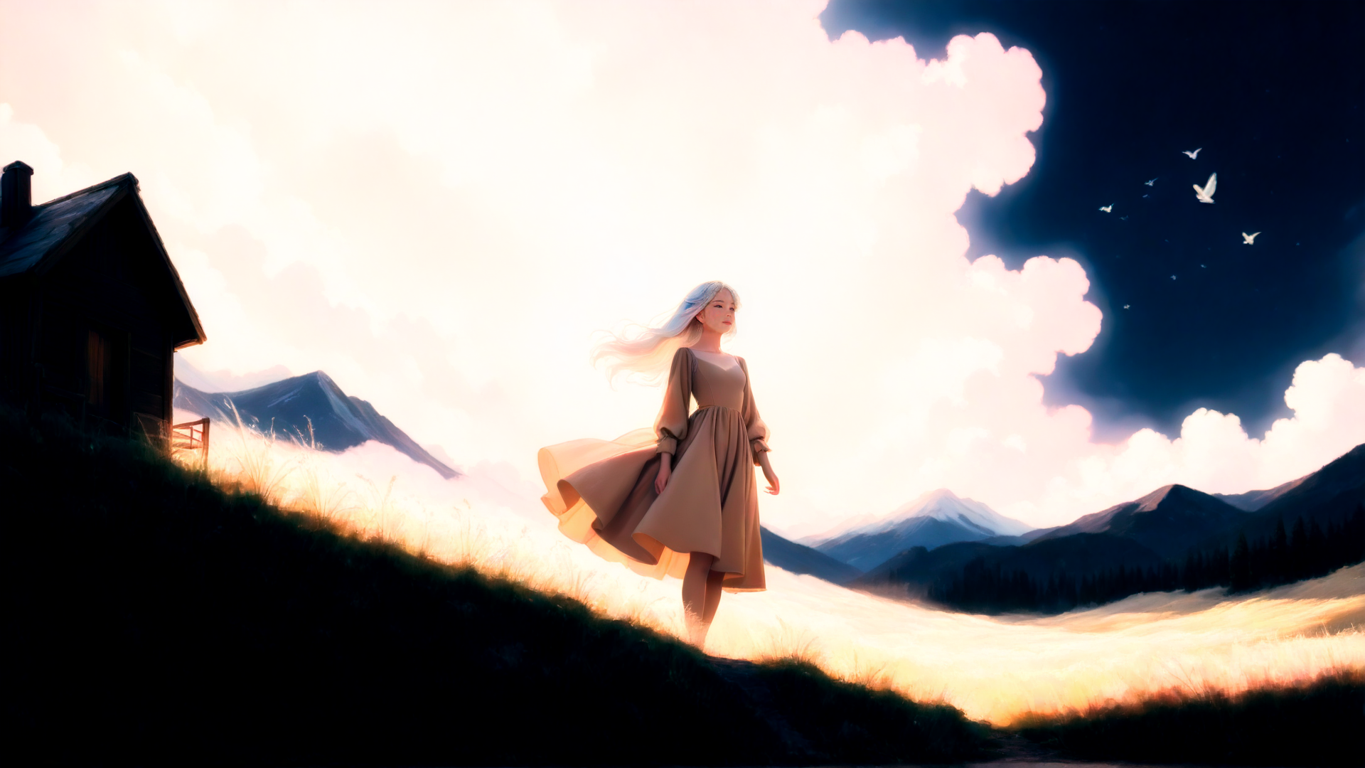 AI generated wallpaper featuring woman, house, mountains