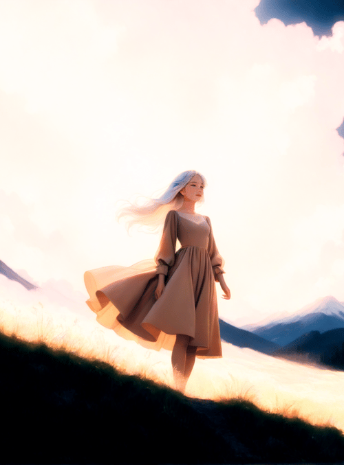 woman, house, mountains