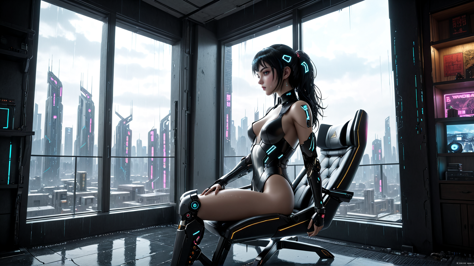 AI generated wallpaper featuring cyberpunk woman, futuristic chair