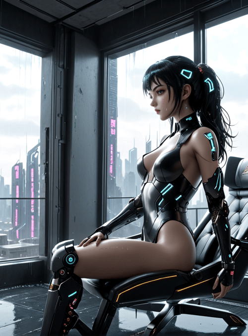cyberpunk woman, futuristic chair