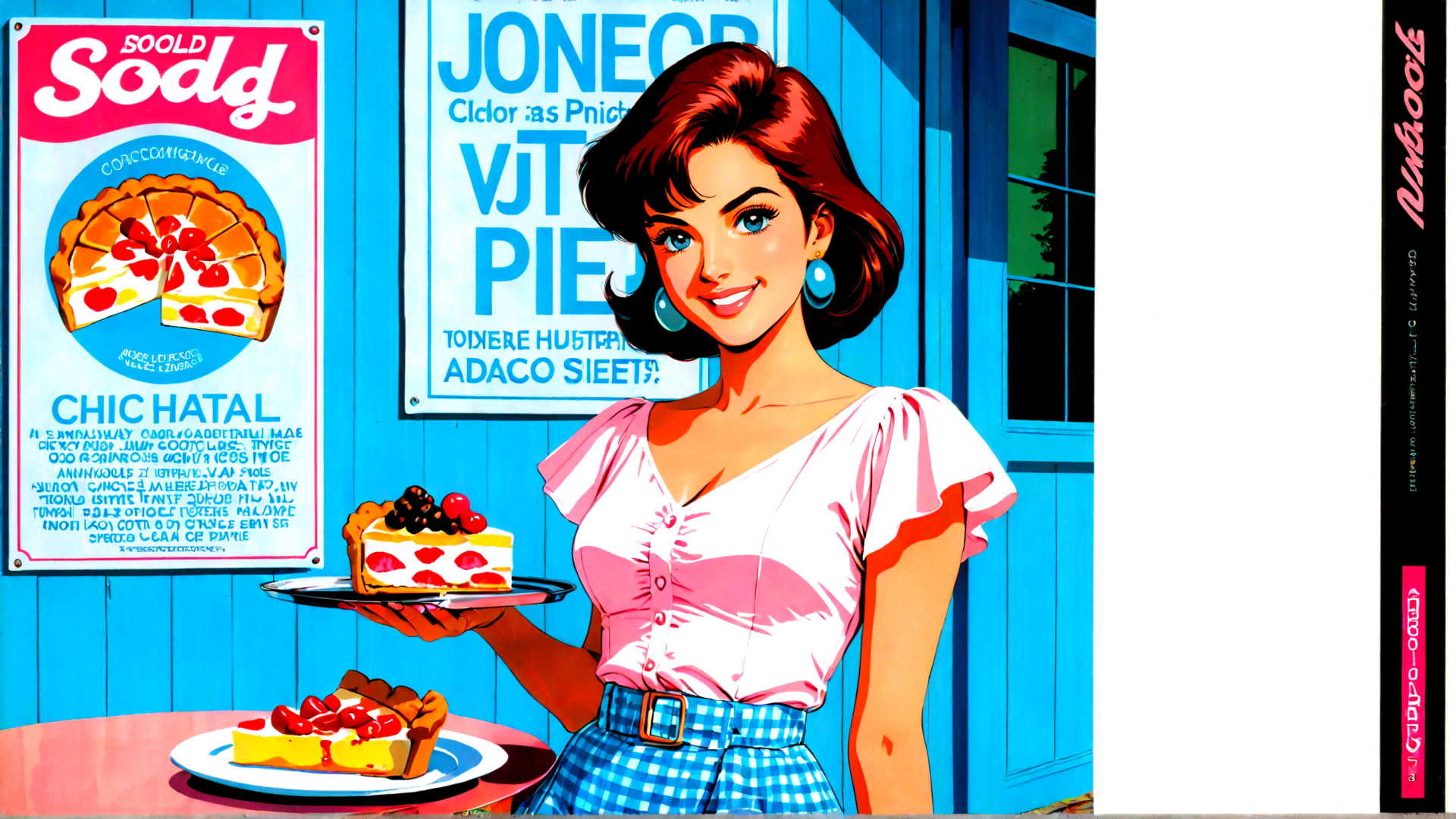 AI generated wallpaper featuring woman, pie, cake, sign, poster, table, plate, blue door, earrings, dress