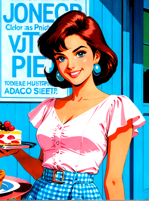 woman, pie, cake, sign, poster, table, plate, blue door, earrings, dress