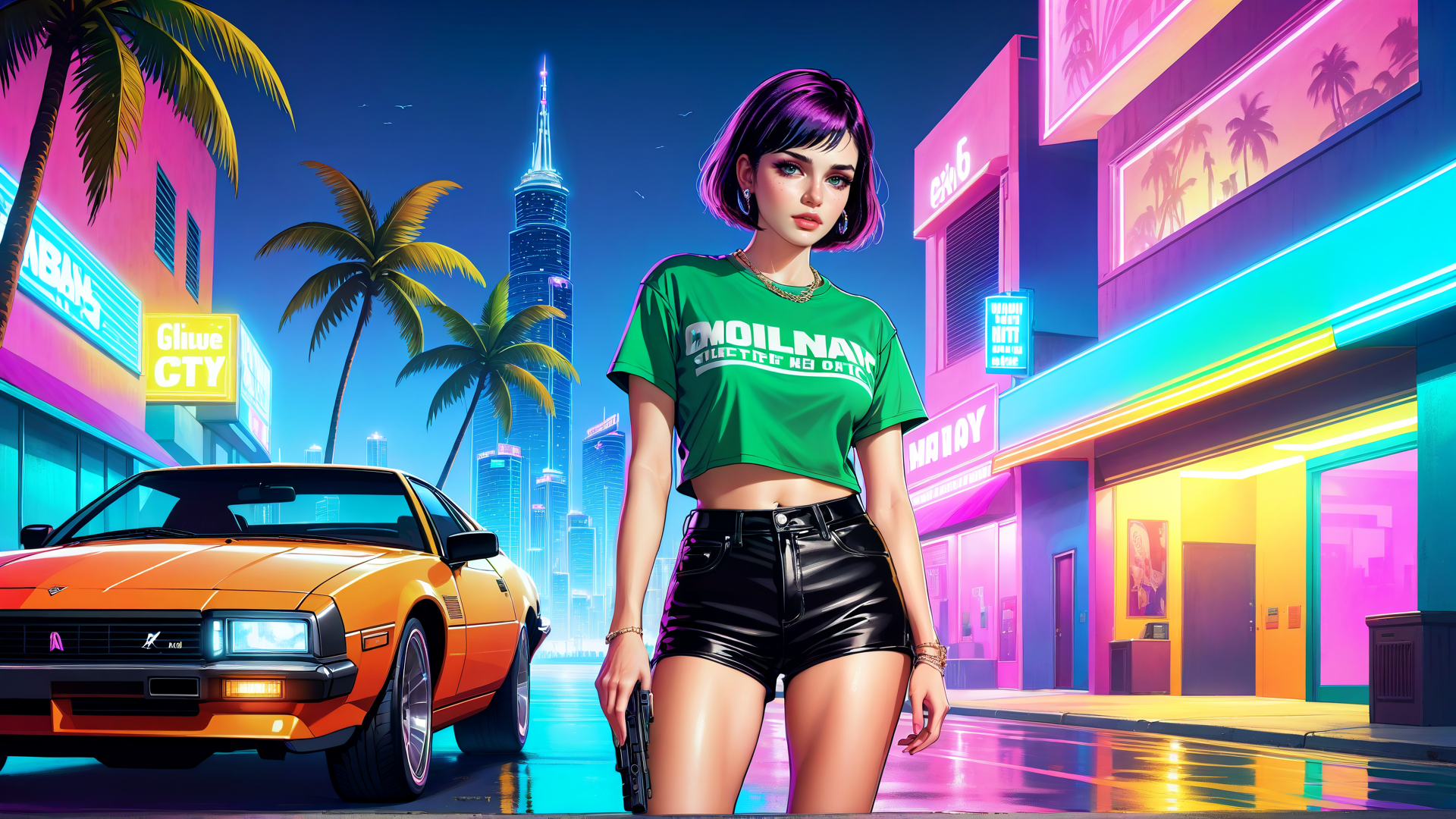 AI generated wallpaper featuring woman, car, city