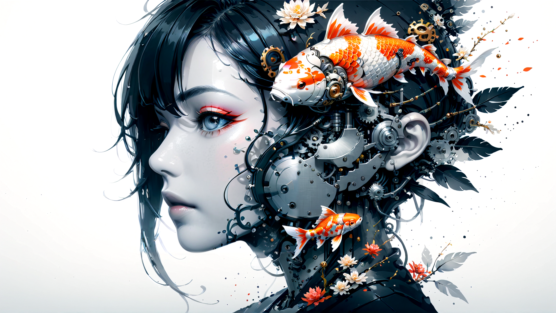 AI generated wallpaper featuring girl, koi fish, gears, flowers, mechanical, ears, hair