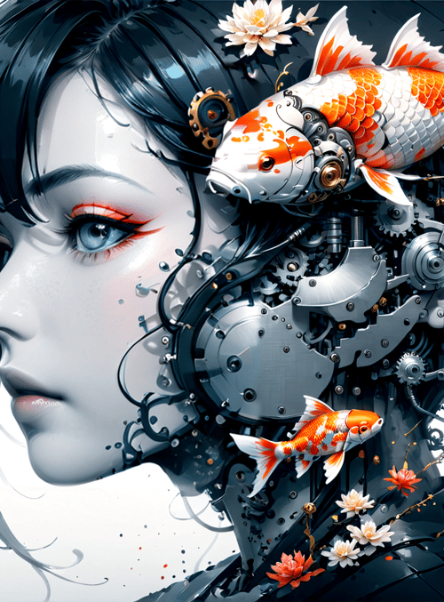 girl, koi fish, gears, flowers, mechanical, ears, hair