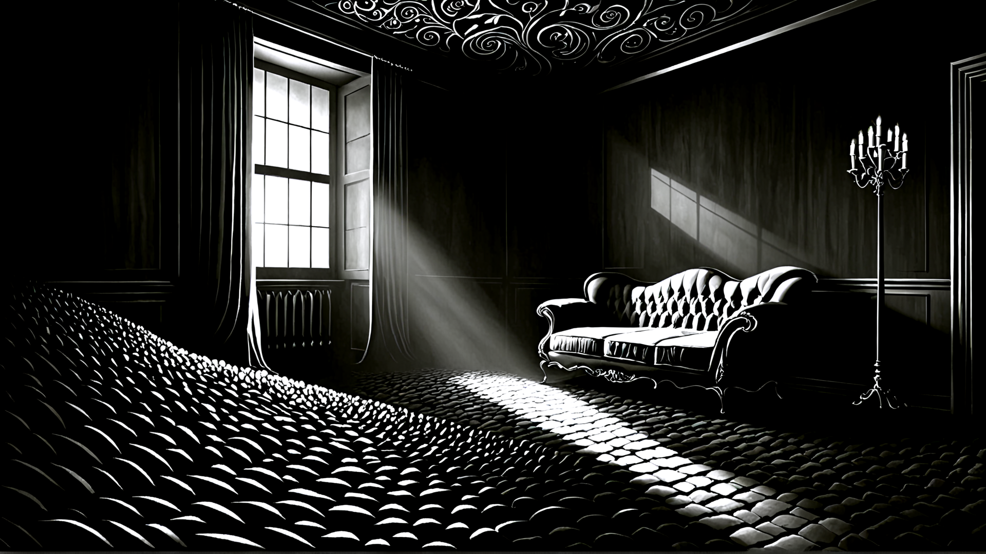 AI generated wallpaper featuring sofa, window, curtains, candlestick, ceiling, floor, radiator, candle, wall, carpet