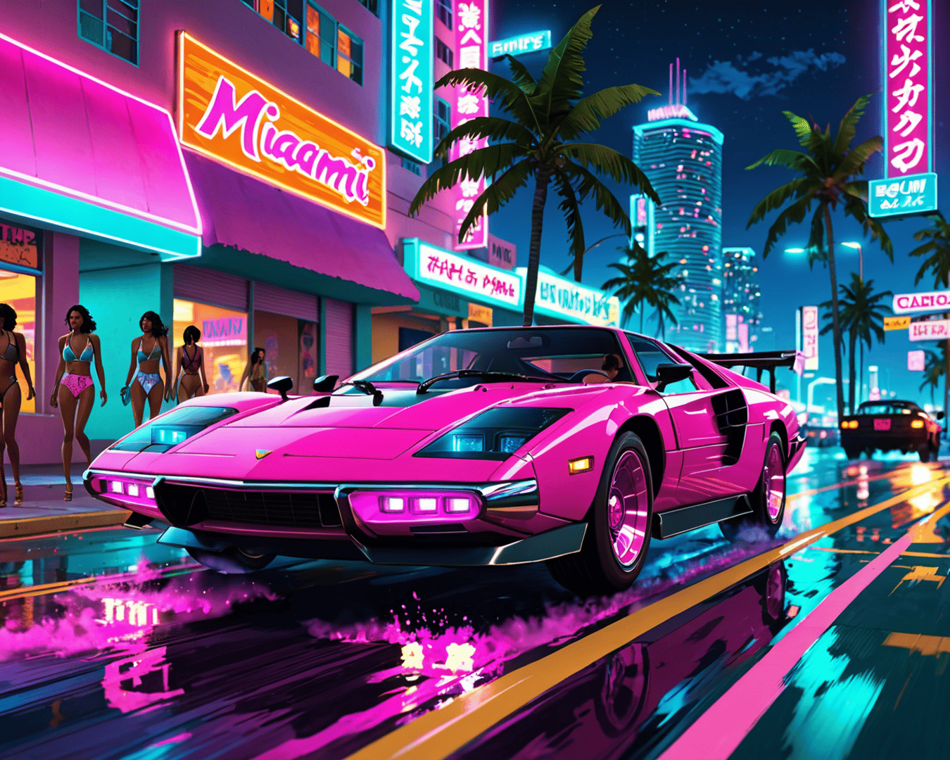 AI generated wallpaper featuring sports car, neon city, palm trees