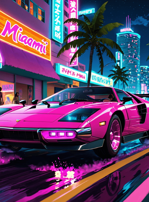 sports car, neon city, palm trees
