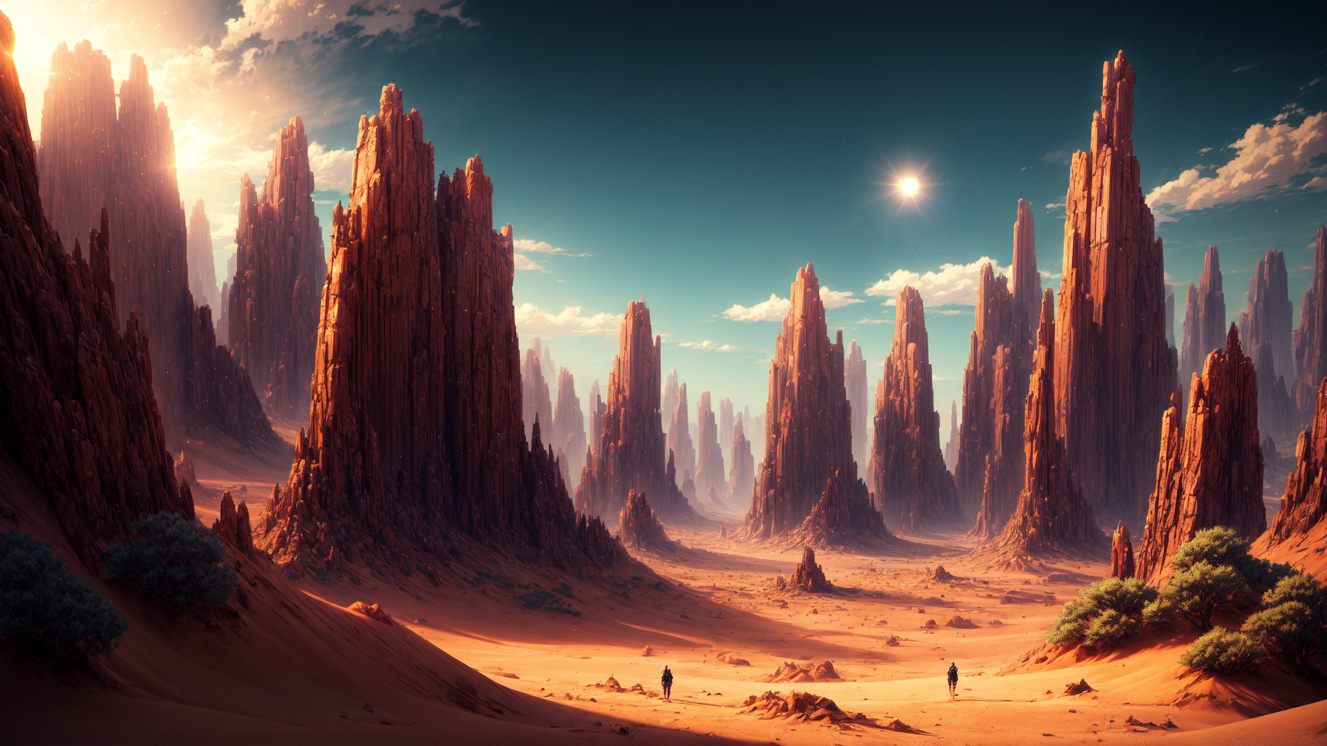 AI generated wallpaper featuring rock formations, desert, people