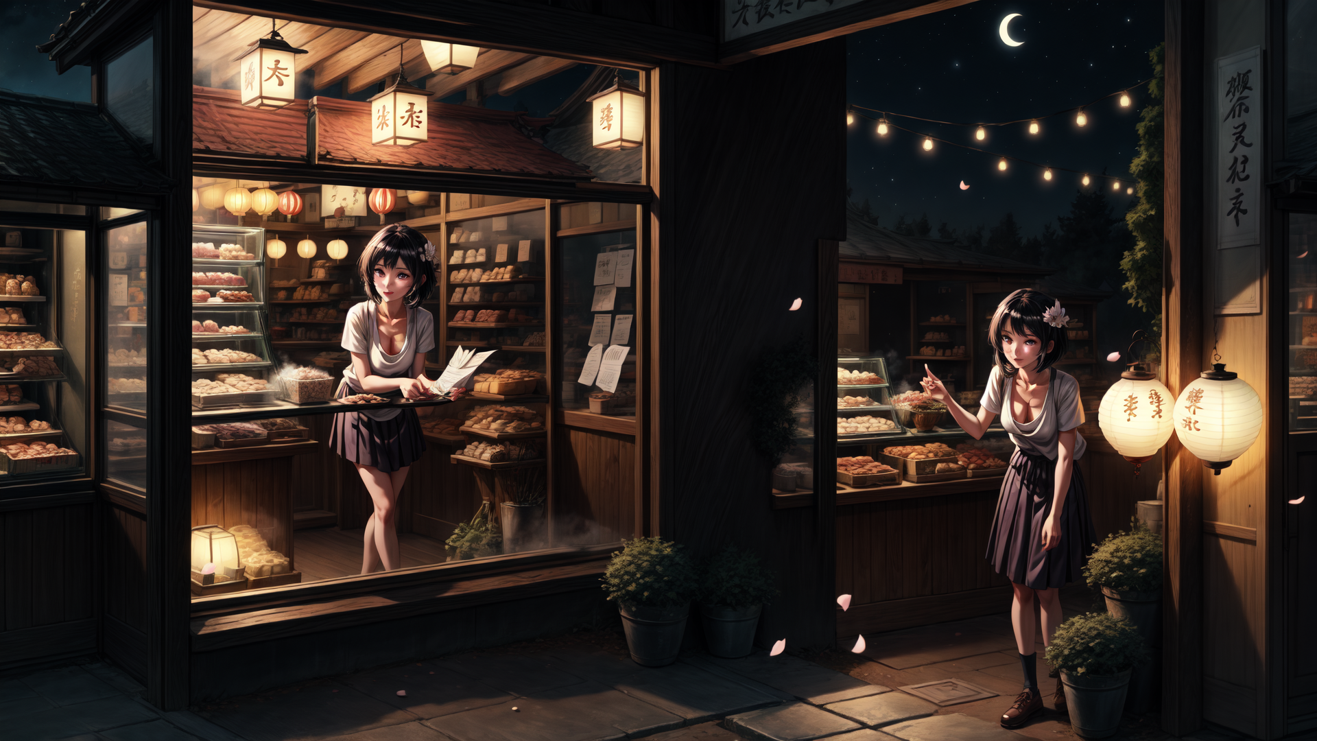AI generated wallpaper featuring girl, bakery, lantern, shop, moon, cookie, pavilion, petal, street, sign