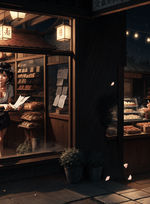 girl, bakery, lantern, shop, moon, cookie, pavilion, petal, street, sign