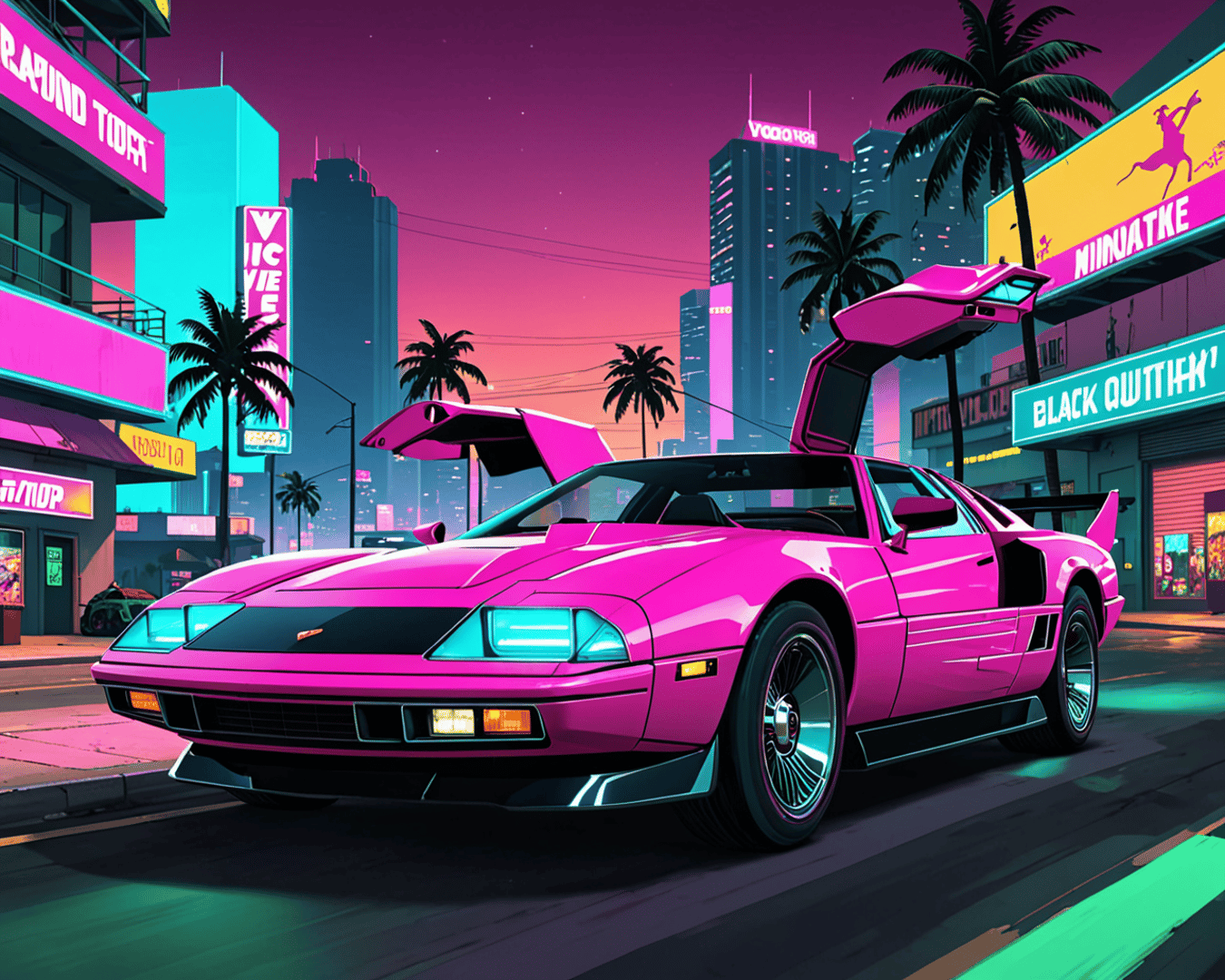AI generated wallpaper featuring car, cityscape, palm tree