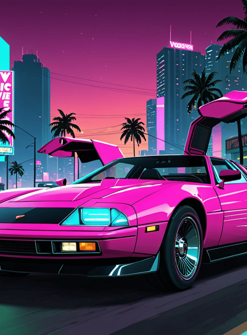 car, cityscape, palm tree
