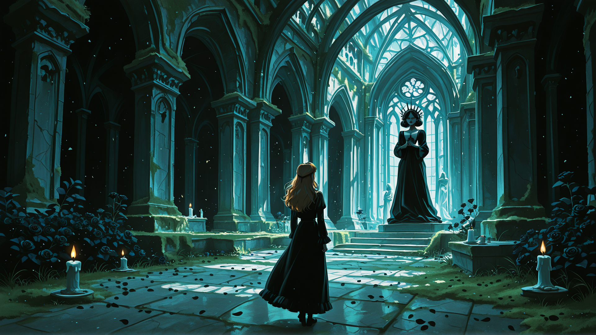 AI generated wallpaper featuring woman, castle, candle, rose, statue, gown, arch, window, stone, pillar