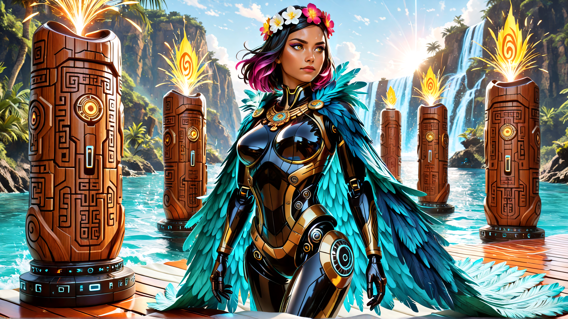 AI generated wallpaper featuring woman, robotic armor, feather cloak, tiki poles, waterfall, tropical landscape