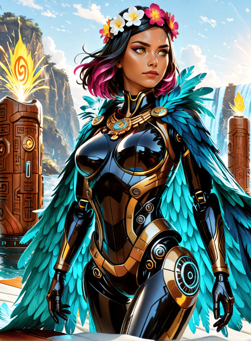 woman, robotic armor, feather cloak, tiki poles, waterfall, tropical landscape