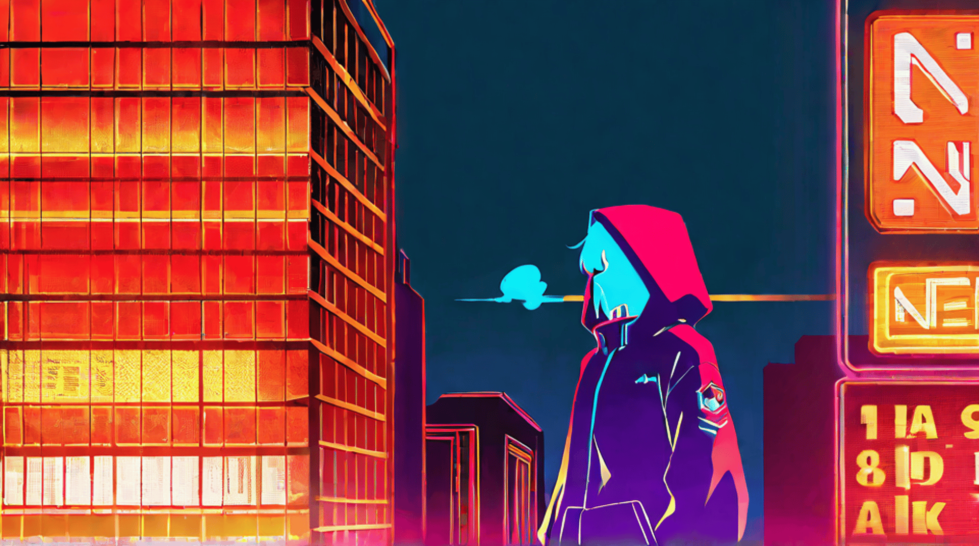 AI generated wallpaper featuring figure, cityscape, neon sign
