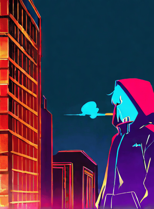 figure, cityscape, neon sign