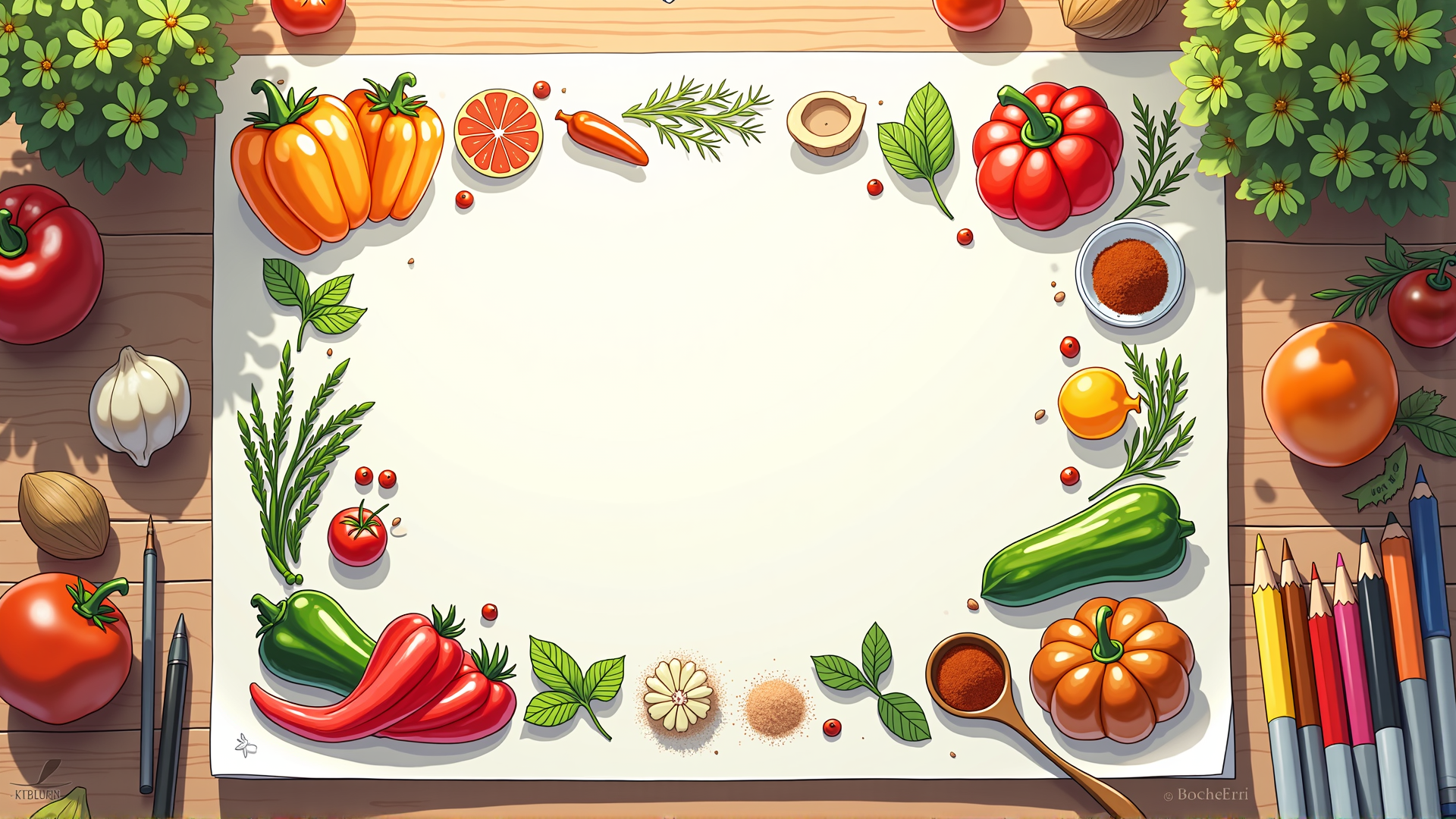 AI generated wallpaper featuring vegetables, spices, drawing