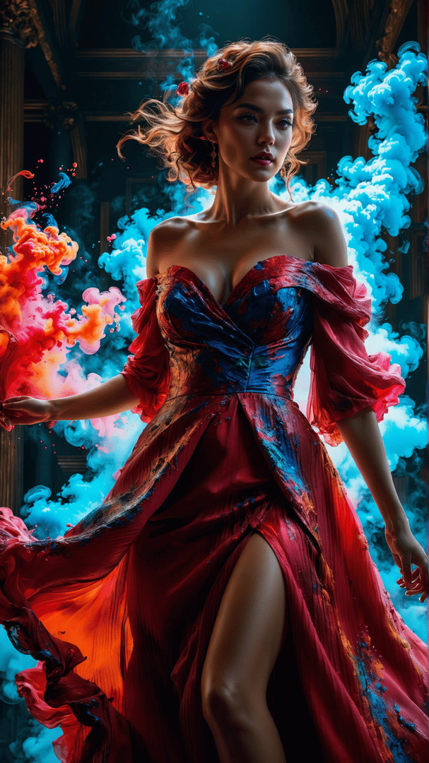 AI generated wallpaper featuring woman, dress, smoke, hair, gown