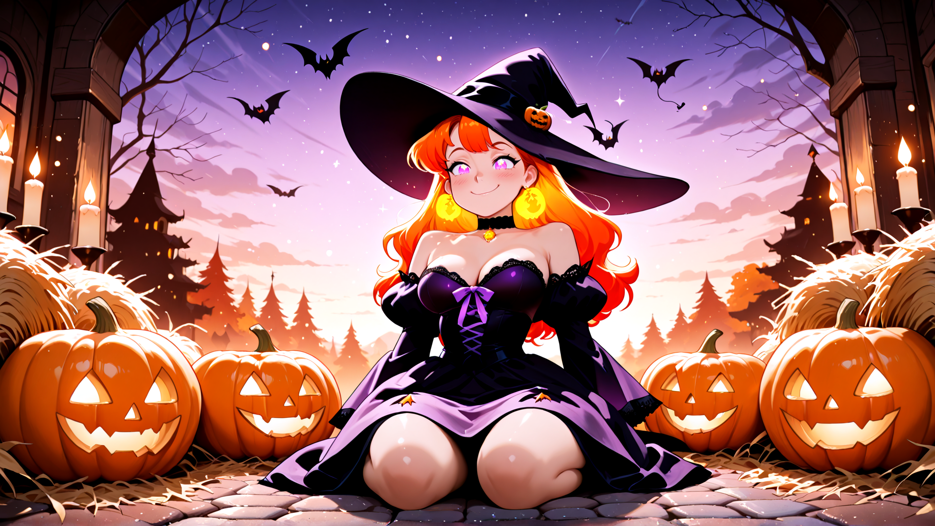 AI generated wallpaper featuring witch, pumpkin, bat, candle, castle, hay, tree