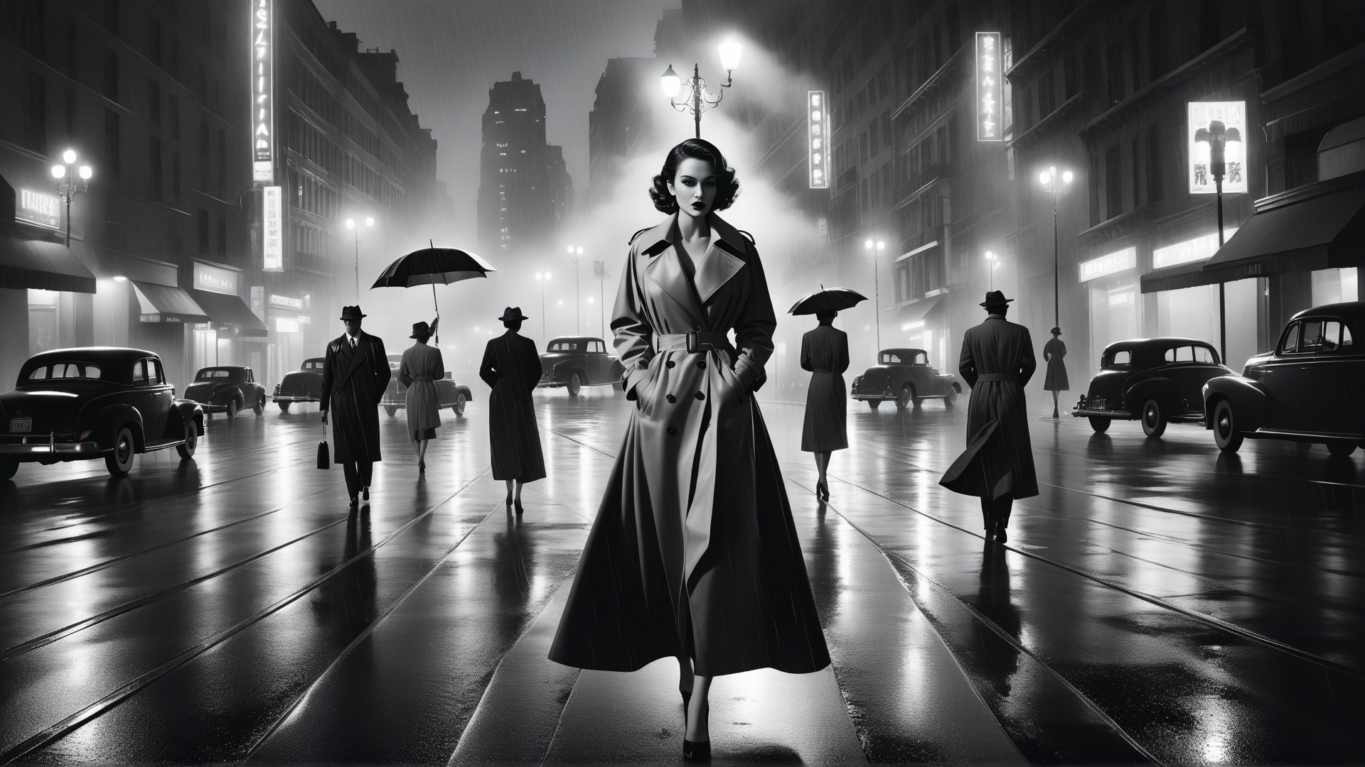 AI generated wallpaper featuring woman, city, rain