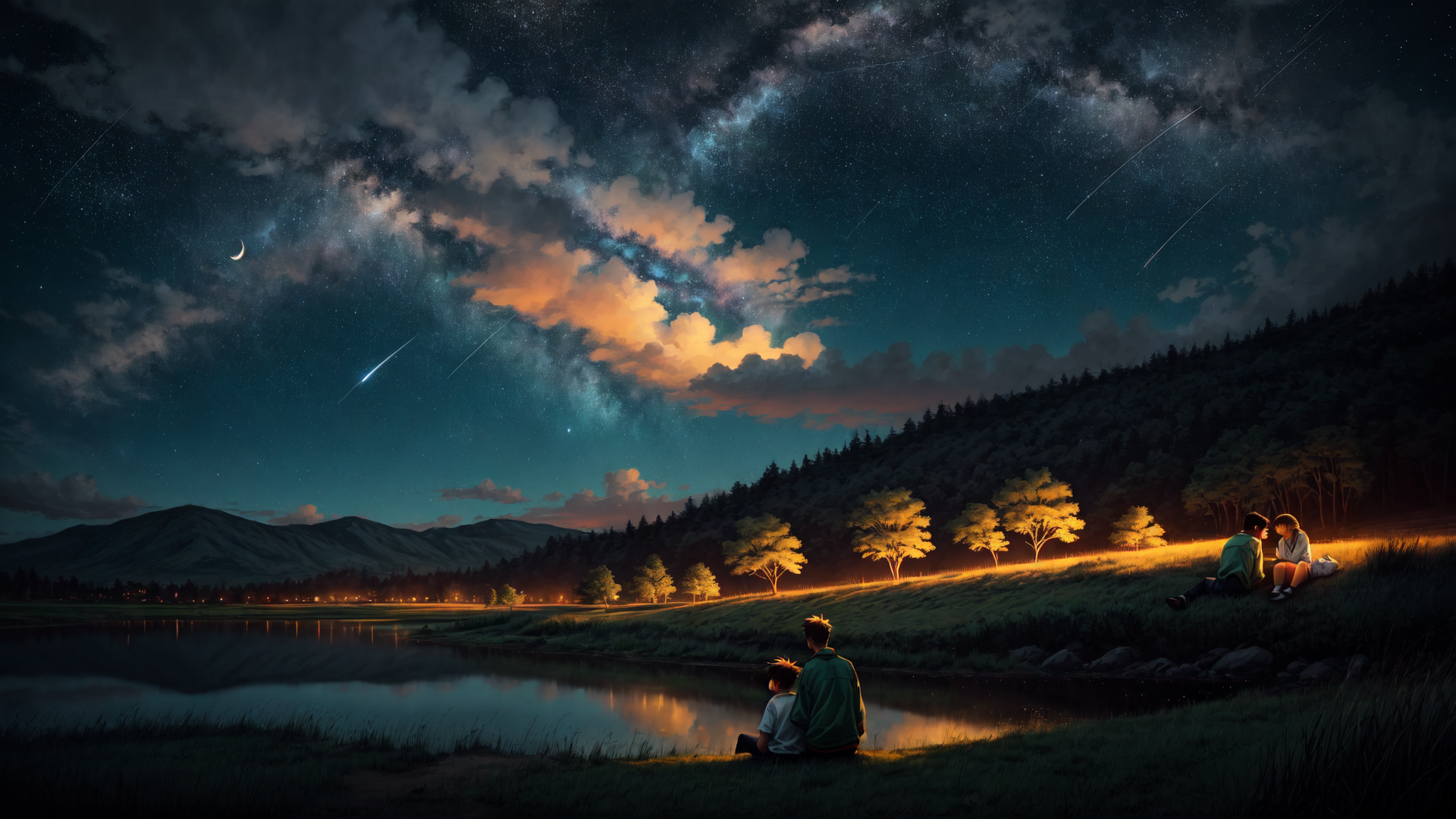 AI generated wallpaper featuring stars, moon, mountains, lake, trees, people, clouds, comets, grass, hills