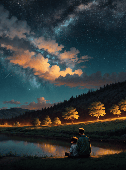 stars, moon, mountains, lake, trees, people, clouds, comets, grass, hills