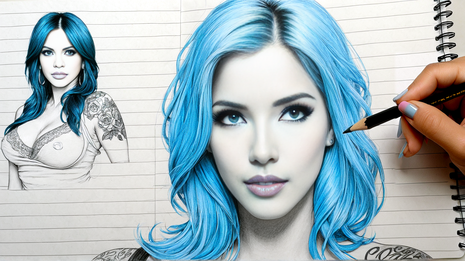 AI generated wallpaper featuring woman, hair, sketch, hand, pencil