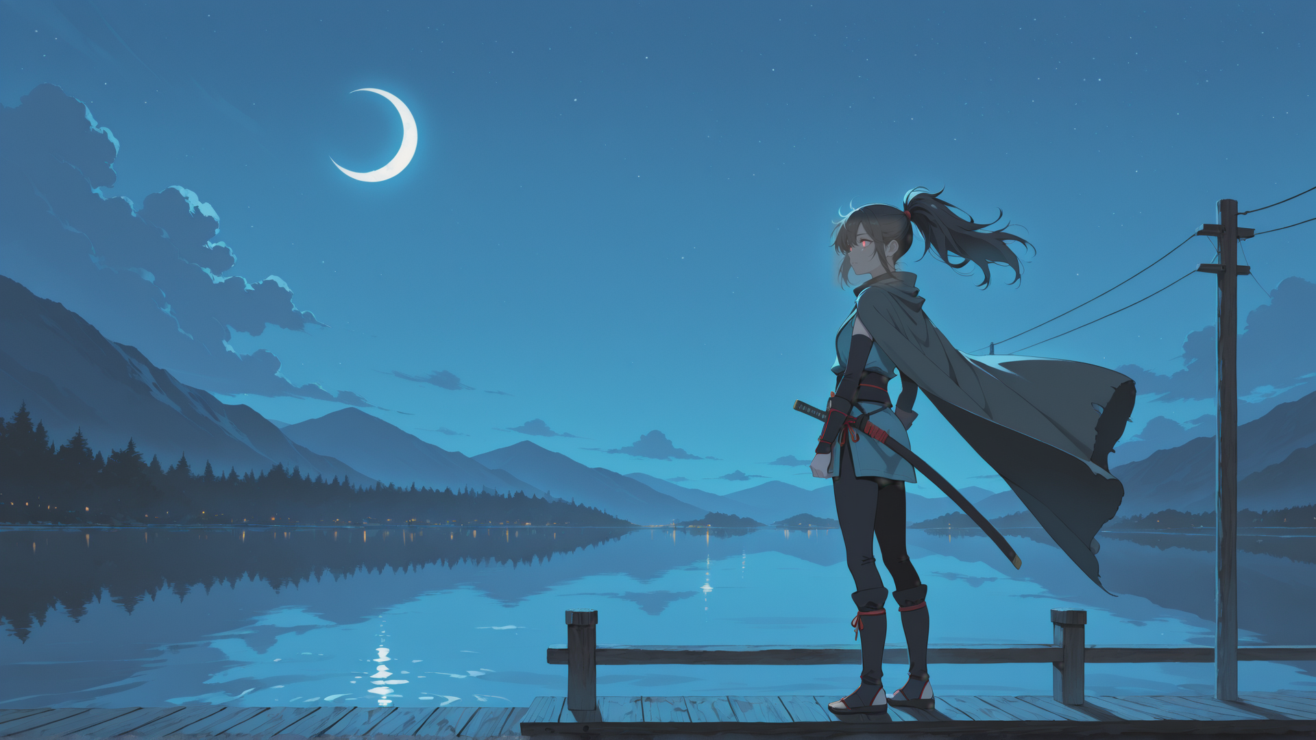 AI generated wallpaper featuring girl, sword, moon, lake, mountain, cape, dock
